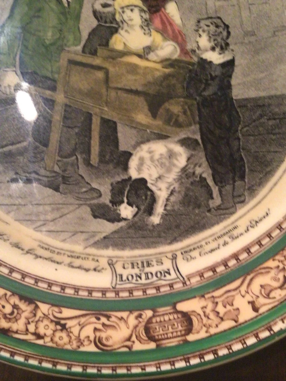 Adams Green and Cream Transferware Scene Plate with Hand-Coloring